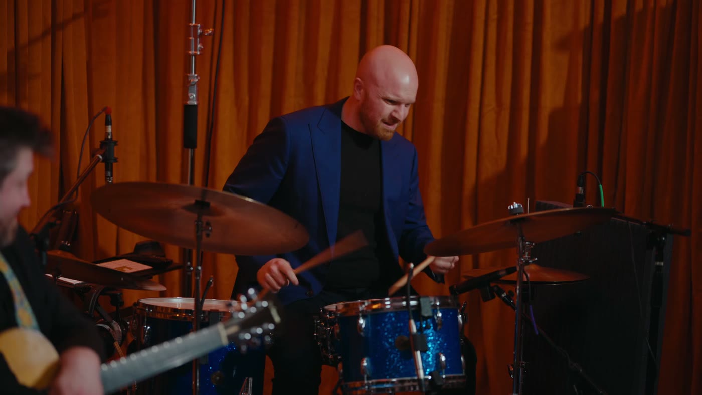 Ryan Shaw at the drums in the Sessions With Shaw studio